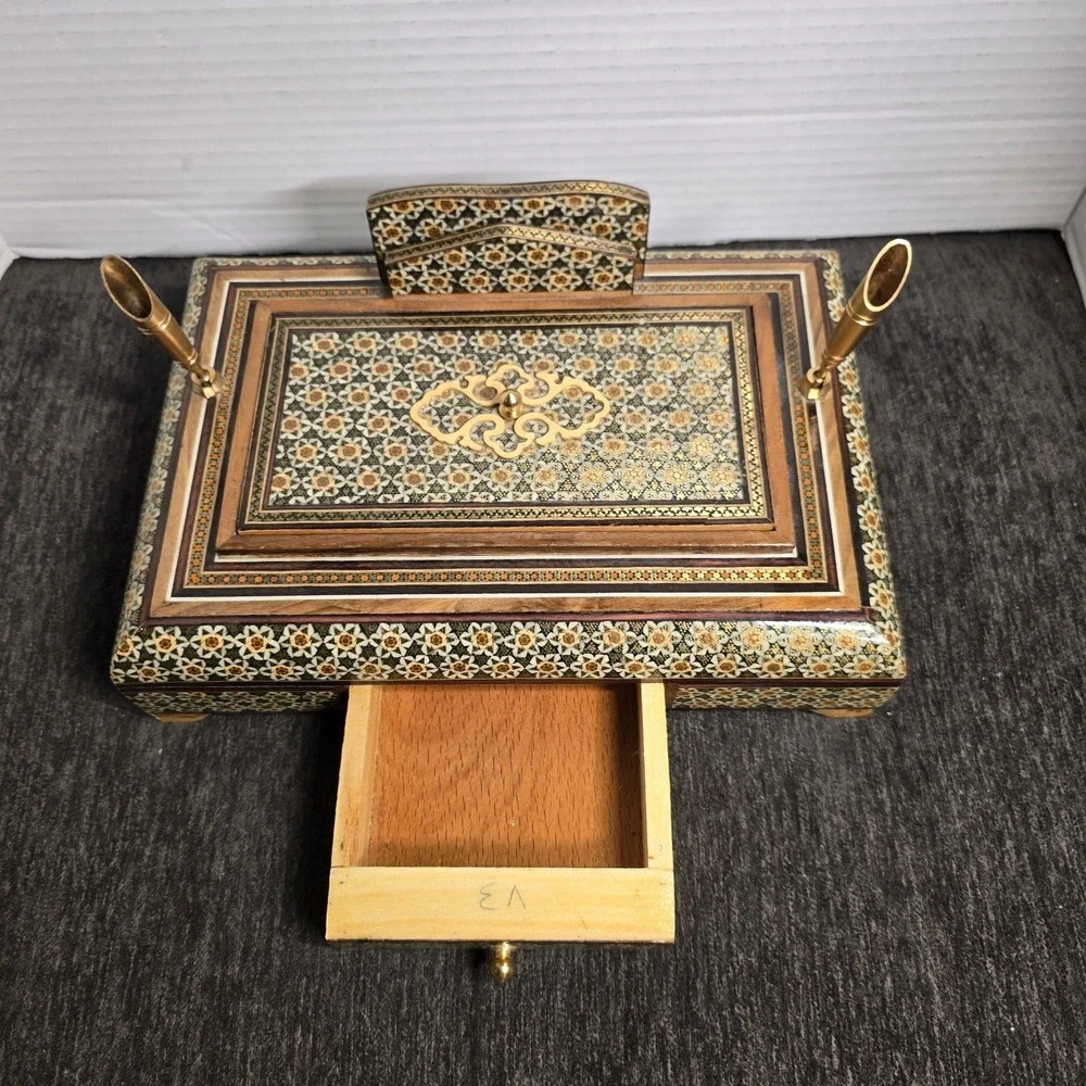 Handcrafted Inlay Desk Organizer Persian Khatam Marquetry Pen Card Holder Box